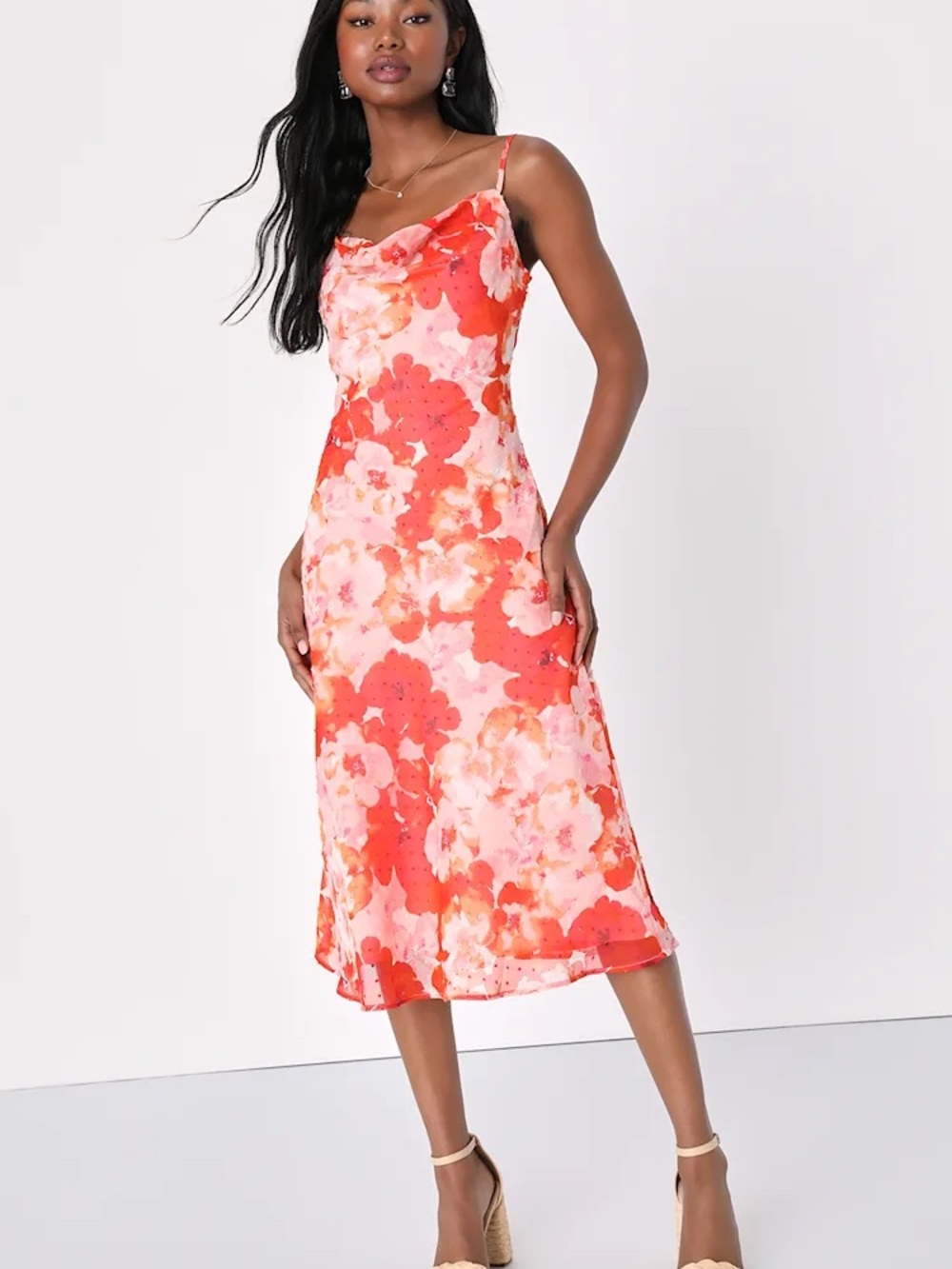 Lulus Fabulous Destiny Pink Floral Swiss Dot Cowl Neck Midi Dress
